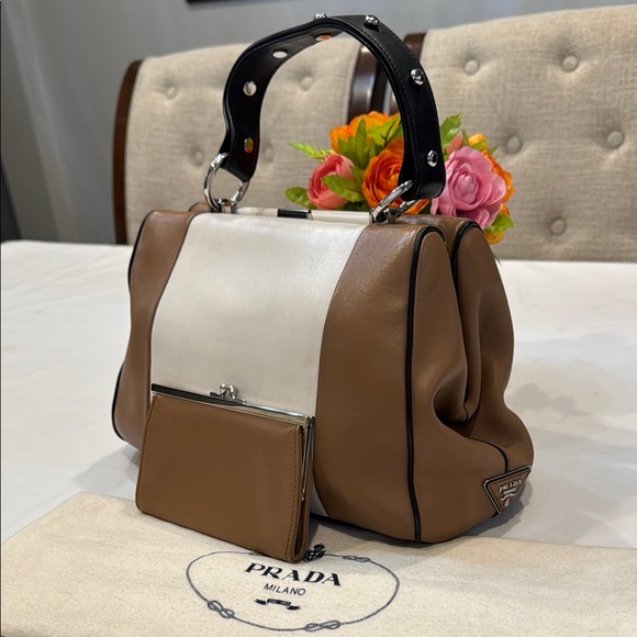 Prada Handbags - Authentic Prada Baiadera Brown and White Leather Handbag with Kisslock wallet